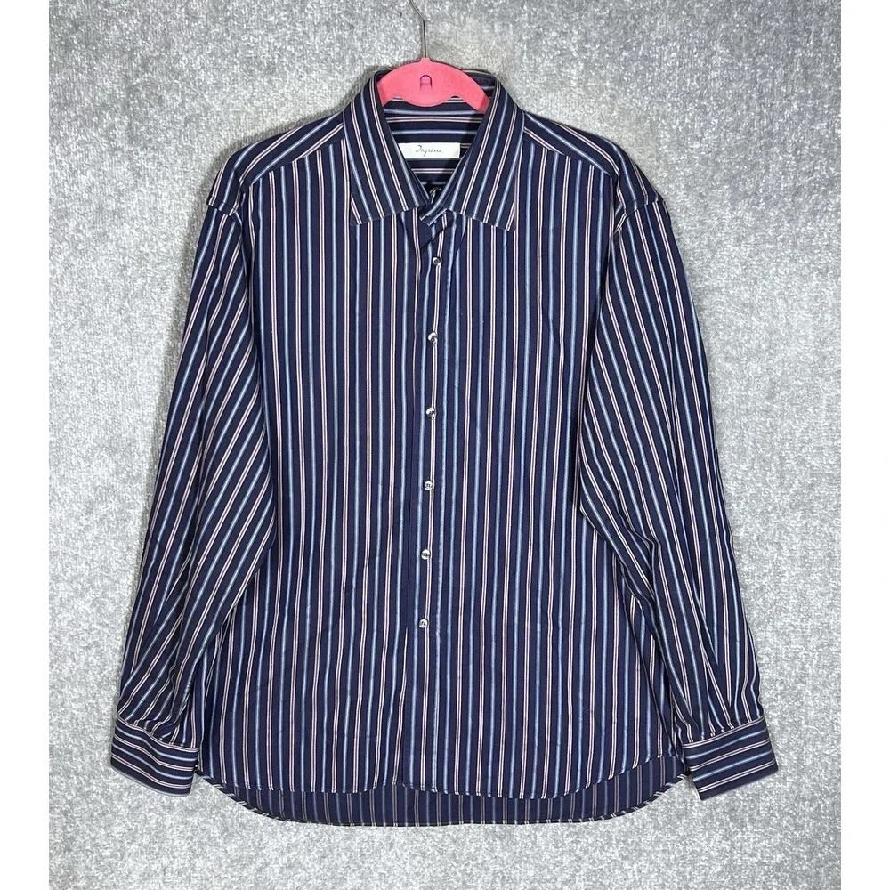 Ingram Button Up Dress Shirt Mens Sz 17.5 Blue Purple Striped Cotton Long Sleeve